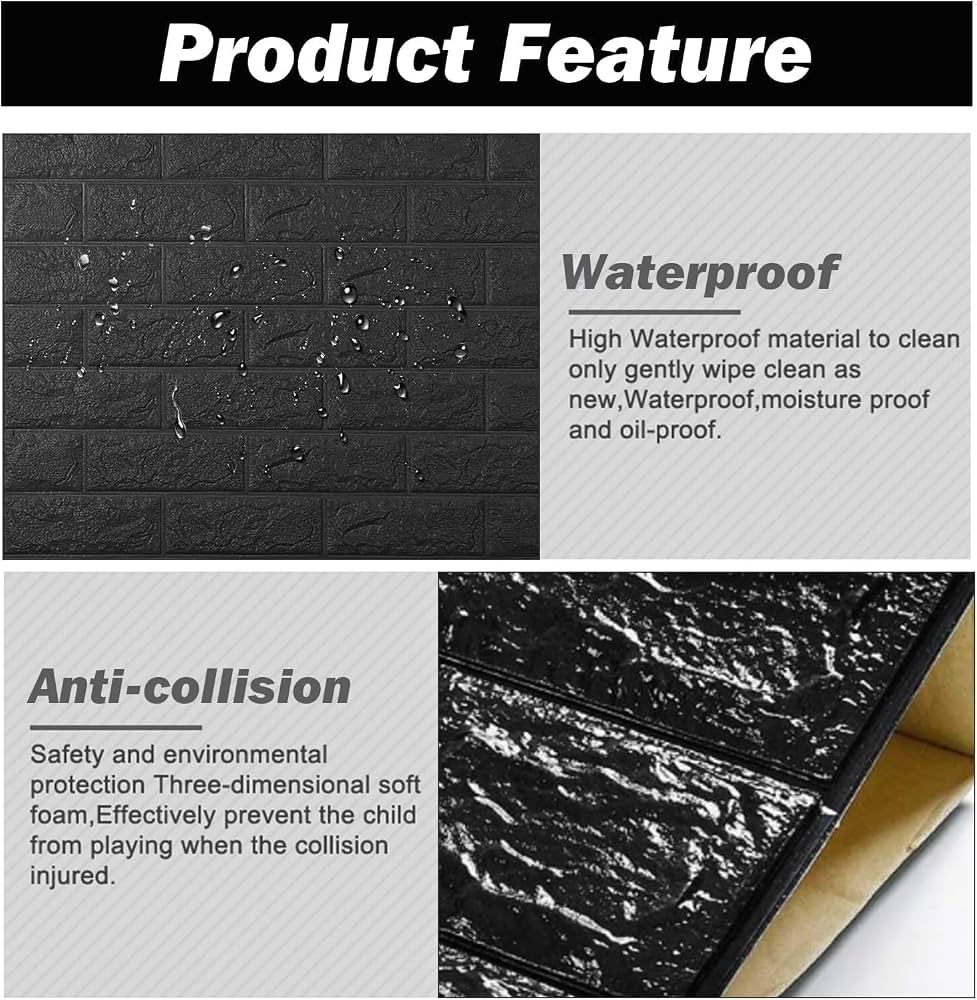 3D Black Foam Brick Wall Sticker – Self-Adhesive Wall Sheet (2x2.5 ft)